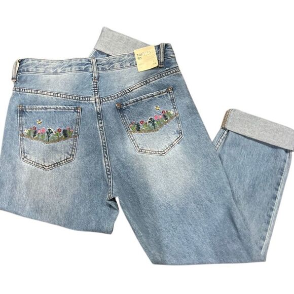 SONG Timeless Fit Blue denim Relaxed Jeans floral embroidered Size 7/28 - Picture 1 of 14